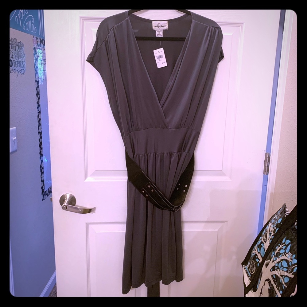 Gray midi dress with mock belt nwt